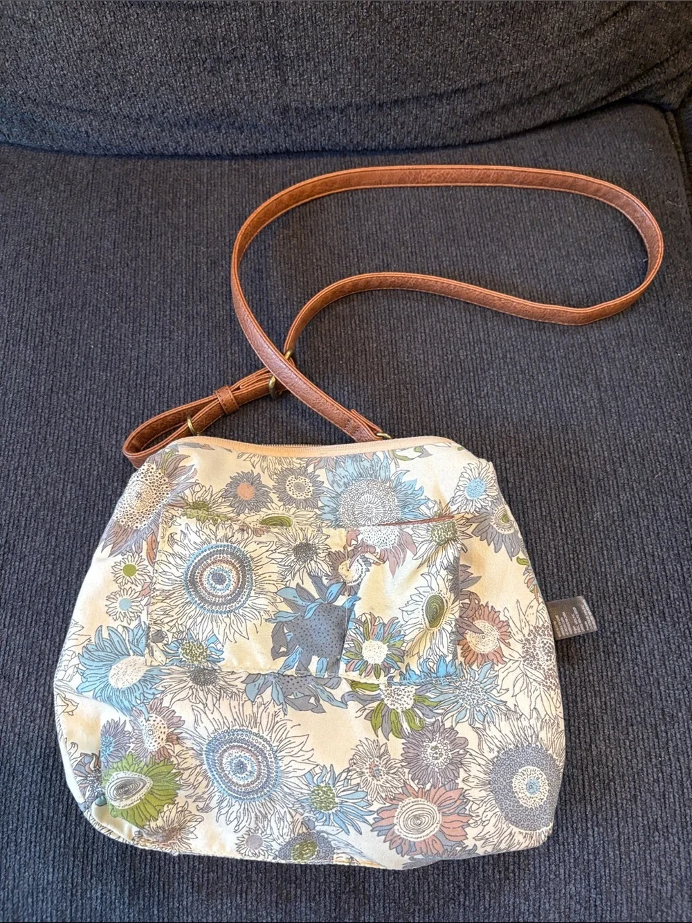 Neutral Beige Pebbled Faux Leather Crossbody with Brown Strap